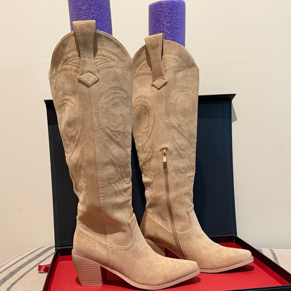 WETKISS Preloved Knee High Tan Cowboy Faux Suede Boots for Women